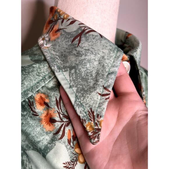 1970s Montgomery Ward Orange Mint Green Fall Floral Dagger Collar Disco Dress M - Picture 4 of 10